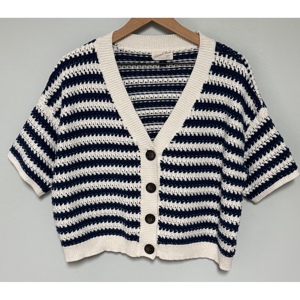 Universal Thread Women's Striped Short Sleeve Cardigan Sweater Navy White Size L